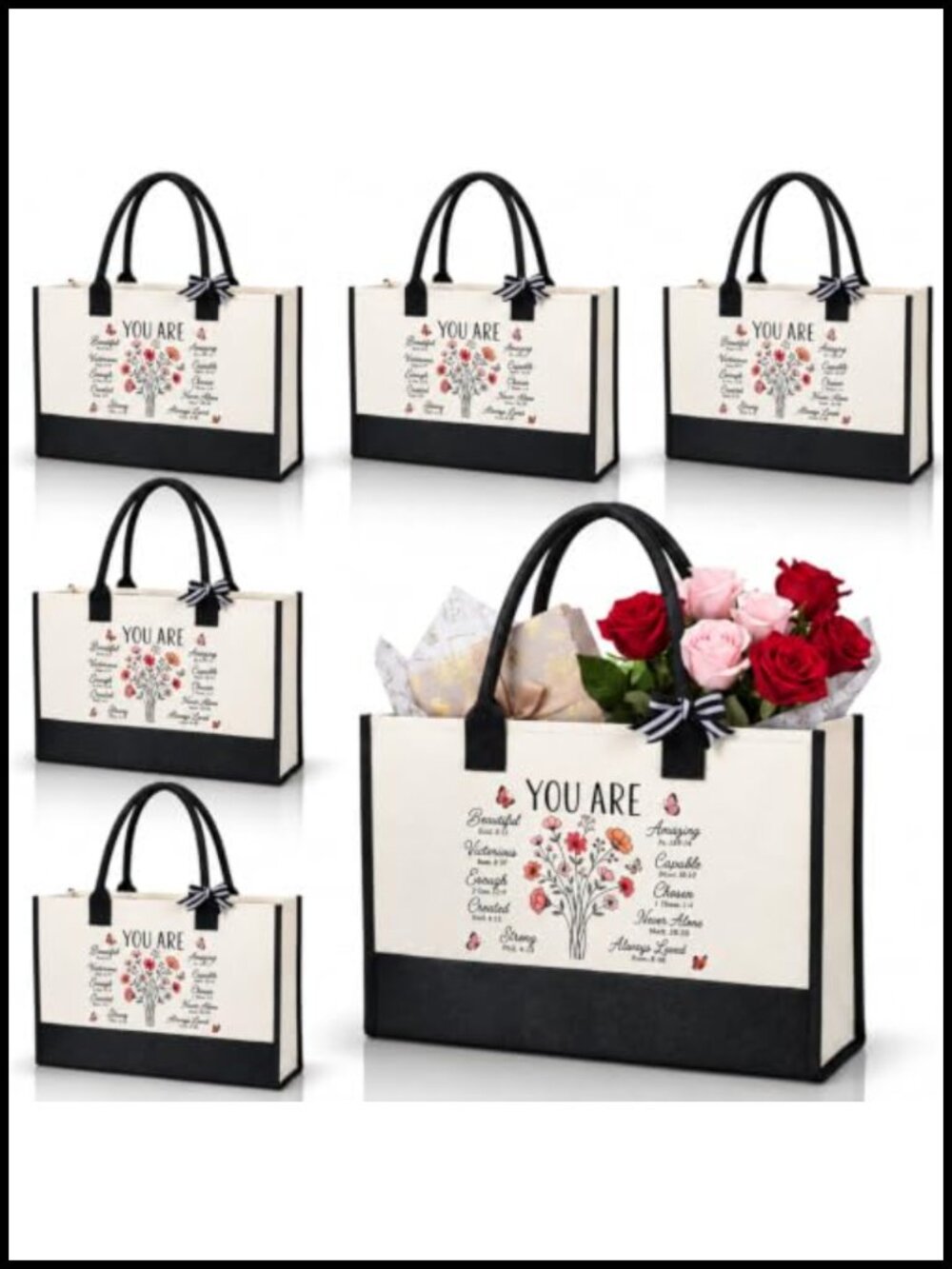 6 Pc Canvas Tote Bags Christian Bible Verse Floral Reusable Gift Set